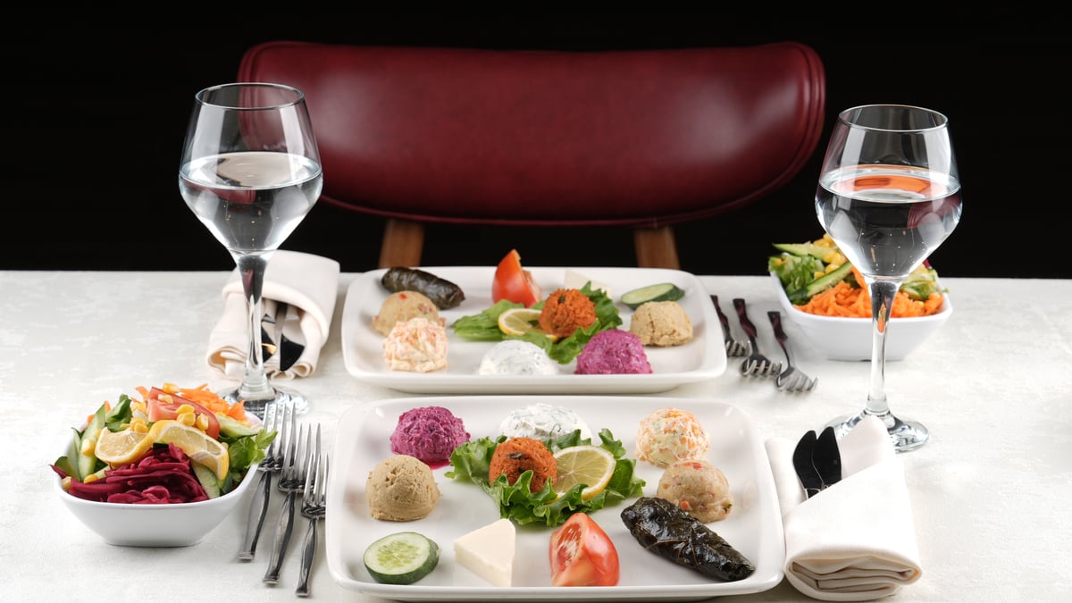 Cold Turkish mezes laid out on a table on the Bosphorus dinner cruise