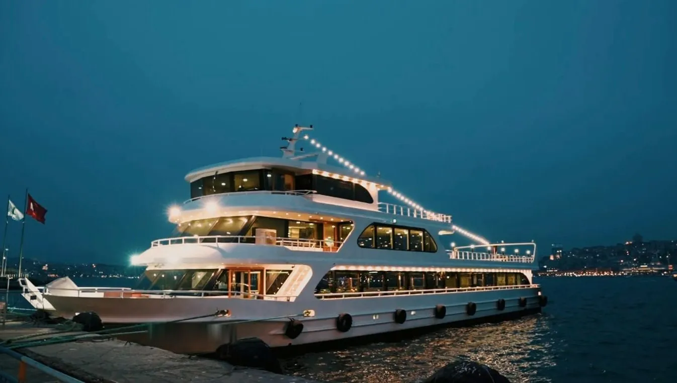 The dinner cruise boat moored at dusk, its three decks lit up