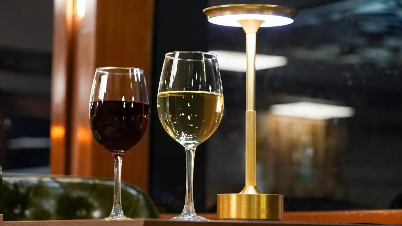 A glass of red and a glass of white wine by the window at night
